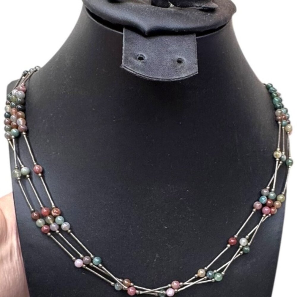 Native American Liquid Silver 925 Triple Strand Necklace Multi Gemstone Beads 26